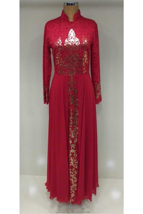 Kübra Tekstil ve Giyim Kadın Kırmızı Güpürlü Gold Varak Baskılı Tesettür Abiye