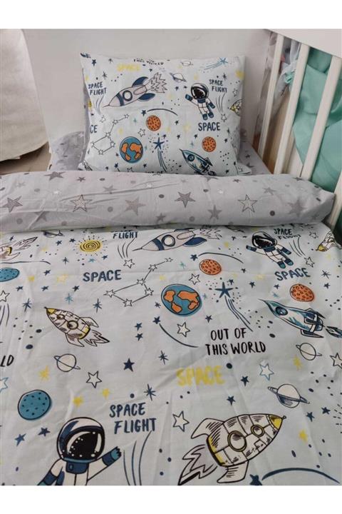 Bebek Özel Pamuklu Çocuk 120x200 Montessori Yastık Çarşaf Yorgan Uzay Astronot Gri Yıldızlı
