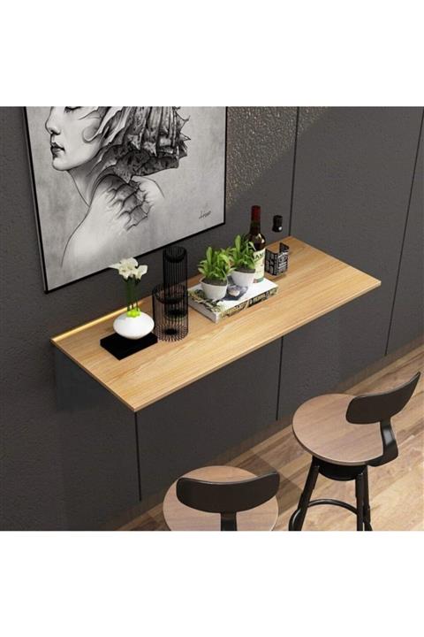 NKM TİCARET Masif Ahşap Katlanabilir Duvara Monte Çalışma Masası 40x60 Cm Meşe