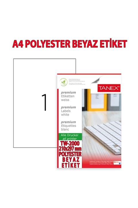 Tanex A4 Polyester Beyaz Laser Etiket Tw-2000 210x297mm.25 Ad./pk.