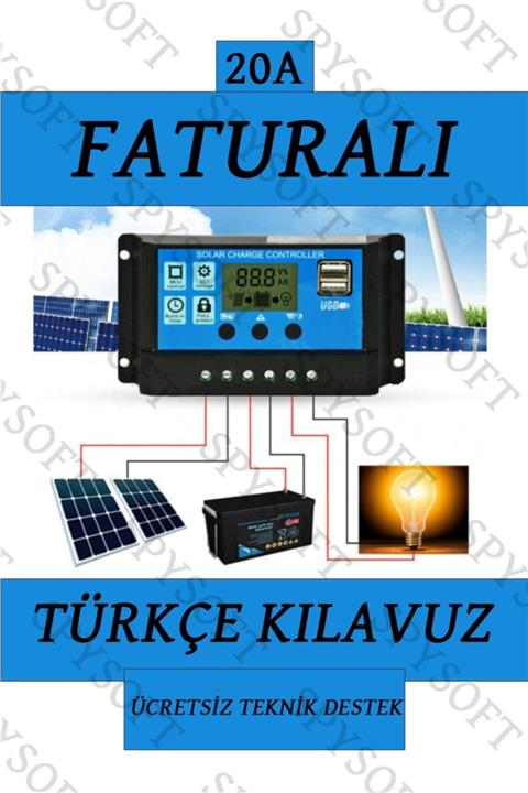 SpySoft 20a Güneş Solar Paneli Akü Şarj Kontrol Cihazı 12v-24v Kontrol Cihazı Akü Şarj Regülatör.