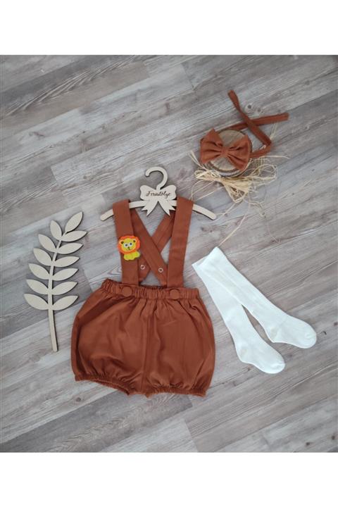 Feriatolye Safari Konsepti Taba Erkek Bebek Salopet Papyon Çorap Takım