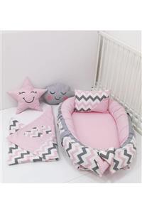 mordesign Babynest Zigzag Desen Anne Yanı Bebek Yatak, Battaniye, Yastık 5' Li Takım, Pembe