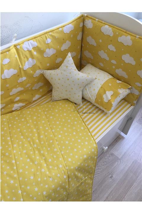 Jaju Baby Sarı Bulut Desenli Bebek Nevresim Takımı ve Kenar Koruma 80x130