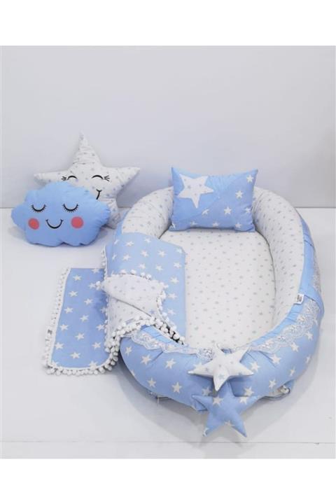 mordesign Bebek Anne Yanı Babynest Yatak, Pike Ve Yastık 5' Li Set, Yıldız Desen Mavi Renk