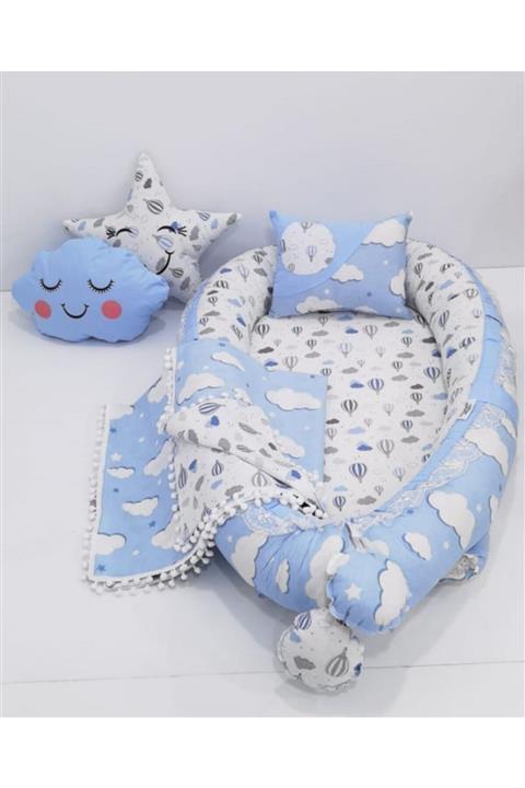mordesign Bebek Anne Yanı Babynest Yatak, Pike, Yastık 5' Li Set - Bulut Balon Desen Mavi Renk