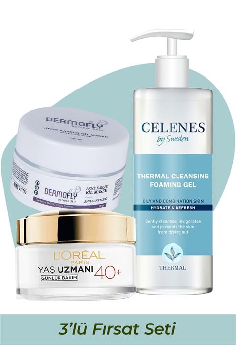 Dermofly Kil Maske & Loreal Yaş Uzmanı 40+ & Celenes Termal Temizleme Jeli