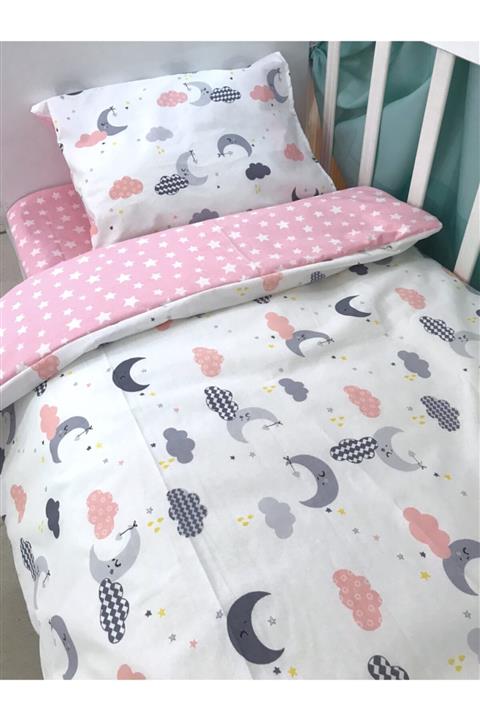 Bebek Özel Pamuklu Çocuk 100x200 Montessori Yastık Çarşaf Yorgan Pembe Gri Ay Bulut
