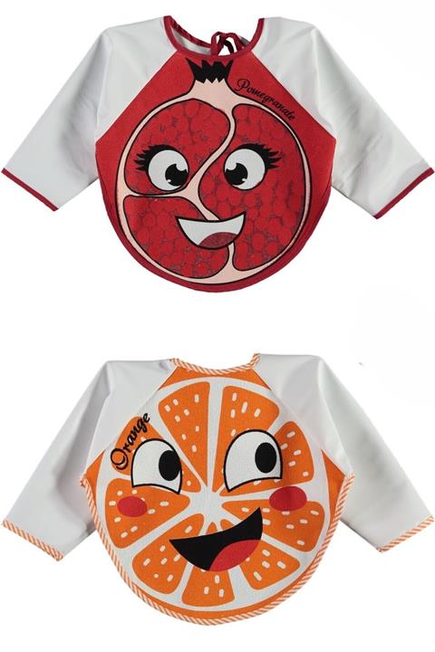 babixkids Nar Ve Portakal Desenli Su Geçirmez Uzun Kollu Mama Önlük 2 Adet