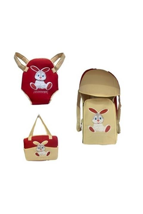 guzummm Tavşan Kabartmalı 3 Parça Çanta Ve Taşıma Seti Kırmızı-krem