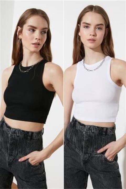 Nisan Triko Adın Siyah Beyaz 2li Süper Crop Atlet Crop2li Missroza