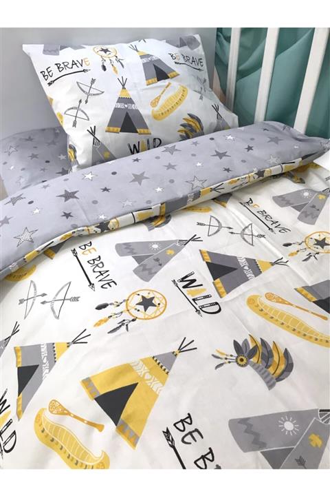 Bebek Özel Pamuklu Çocuk 100x200 Montessori Yastık Çarşaf Yorgan Sarı Gri Kamp Çadır