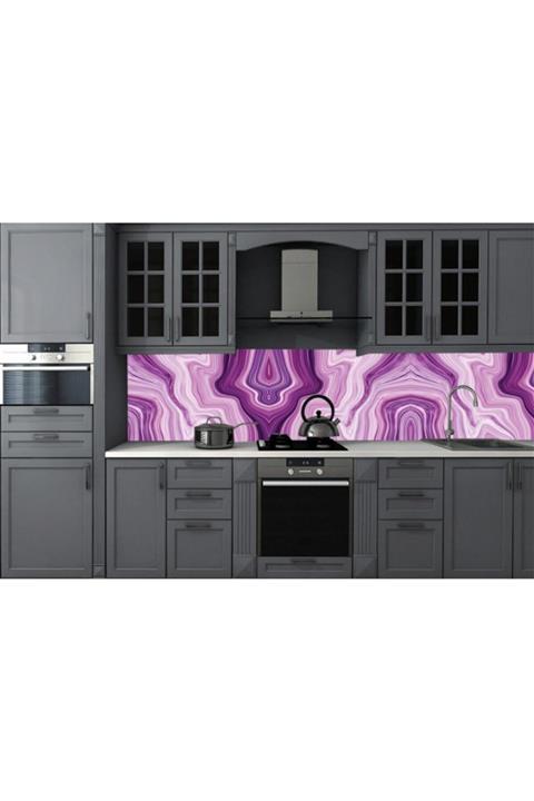 Renkli Duvarlar Mutfak Tezgah Arası Eflatun Mermer Deseni 60x850