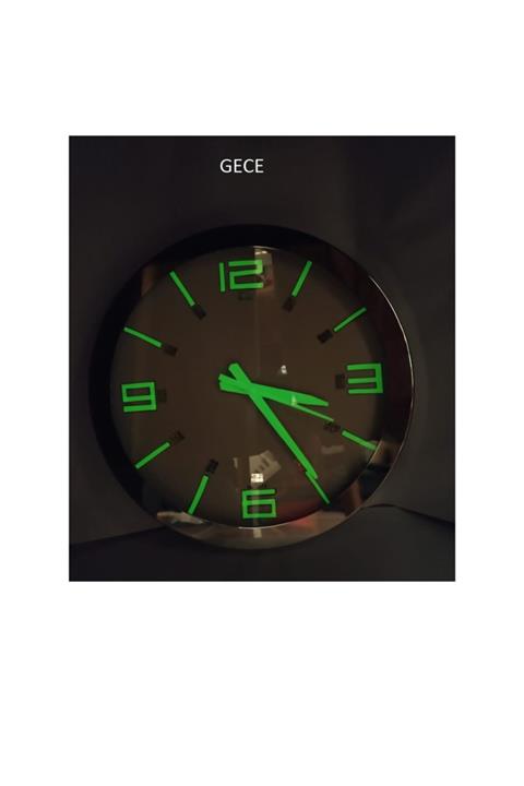Bahat Gece Karanlıkta Parlayan Fosforlu Duvar Saati Parlak Krom Çerçeve 36 Cm