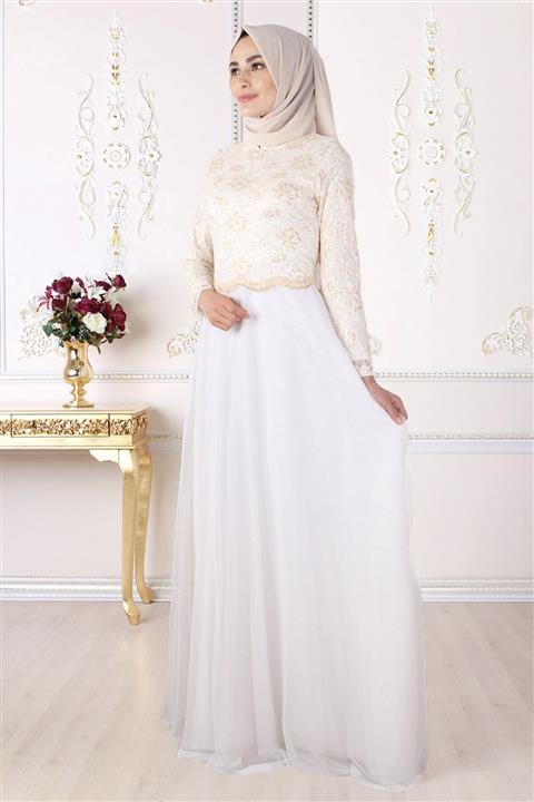 Feiza Collection Dantelli Ekru Tesettür Abiye Elbise