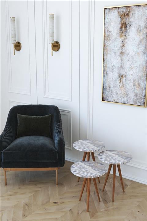 Remaks Retro 3'lü Yuvarlak Zigon Sehpa Ve Servis Sehpası - Beyaz Mermer