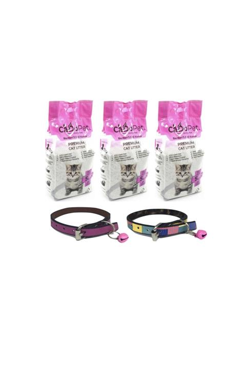 Cado Pet 3 Adet Topaklaşan Premium Bentonit Kedi Kumu Bebek Pudralı 5l + 2 Adet Deri Tasma