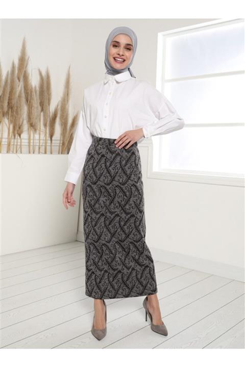 Tavin Kadın Kahve Beli Lastikli Jakarlı Etek