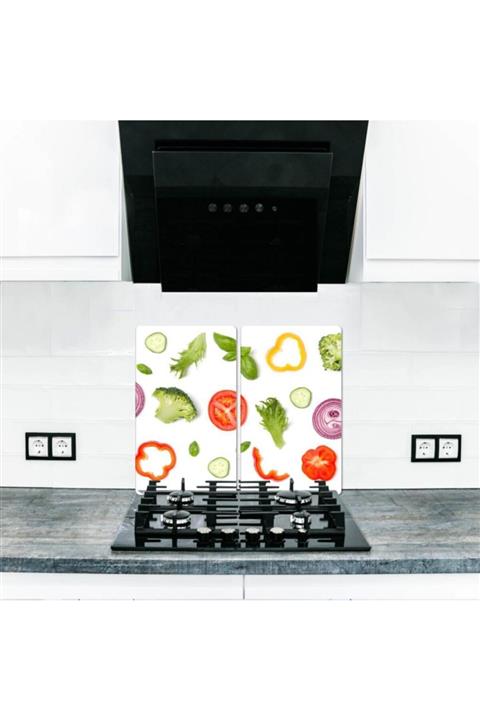 Saban 2' Li 40x52 Cm Beyaz Sebzeler Desenli Cam Kesim Tablası Ve Ocak Koruma