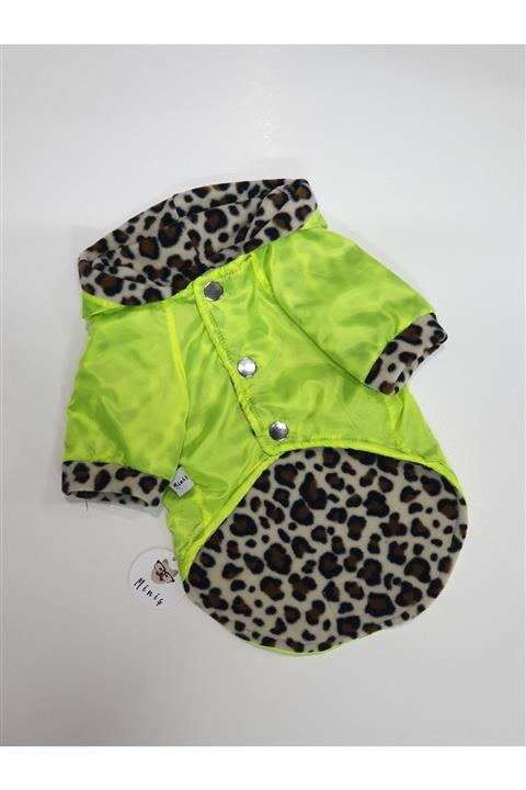 MİNİŞ PET BUTİK Neon Sarı - Leopar Kışlık Polarlı Yağmurluk