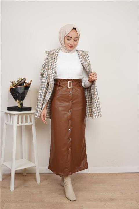 KAMİL KESKİN Düğmeli Deri Etek