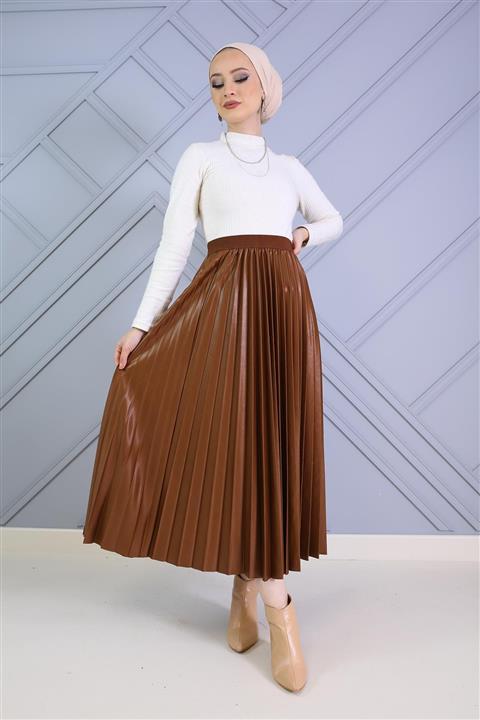 Şule Giyim Deri Görünümlü Piliseli Etek Kahverengi