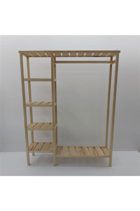 Marina Ahşap 4 Raflı Standlı Ayaklı Ahşap Elbise Askılığı