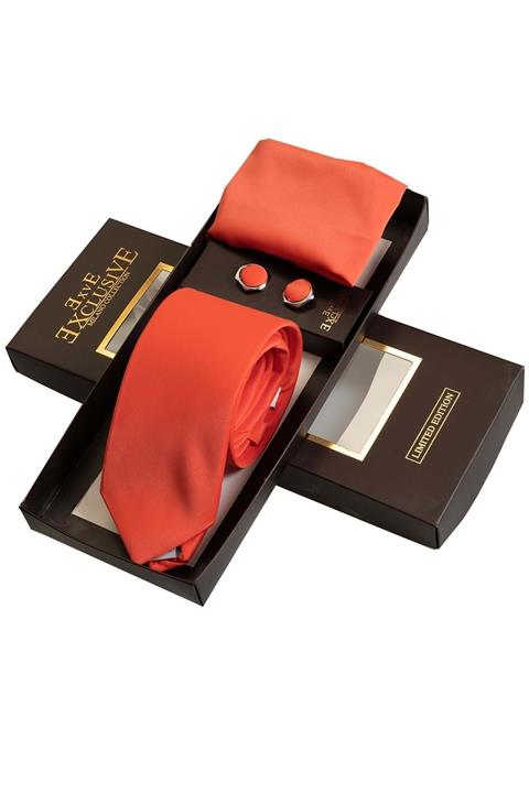 Exve Exclusive Yavruağzı Kutulu Kravat Mendil Kol Düğmesi Seti