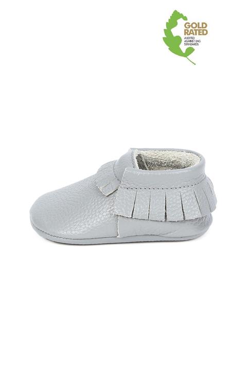 YoYo Junior Hakiki Deri Gri Püskül Detaylı Bebek Patik