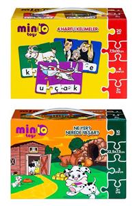 minİQ toys 4 Harfli Kelimeler + Ne Yer , Nerede Yaşar  2'li Set Eğitici-öğretici Yapboz