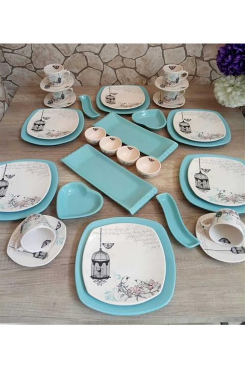 Keramika Retro Turkuaz Çay Kahvaltı Takımı 34 Parça 6 Kişilik