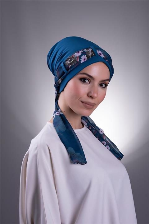 HÜRREM BONE Kadın Petrol Mavisi Desenli Şifon Kemerli Pratik Bone