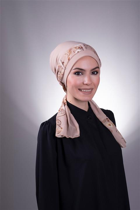 HÜRREM BONE Kadın Bej Desenli Şifon Kemerli Pratik Bone