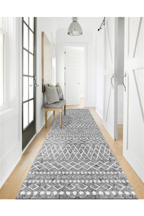 fenomen halı Fenomen Gri Tabanlı Etnik Desenli Dijital Baskılı Yolluk Halı