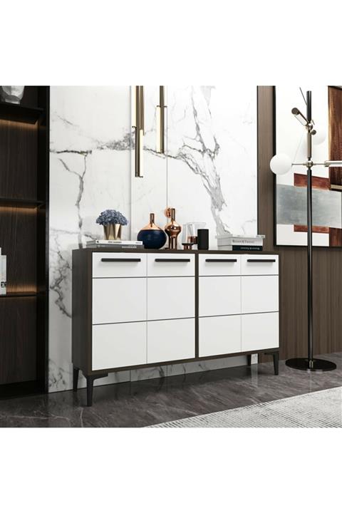 zerkaconcept Marden Konsol Tv Sehpası Tv Ünitesi Ceviz Gövde Beyaz Kapak