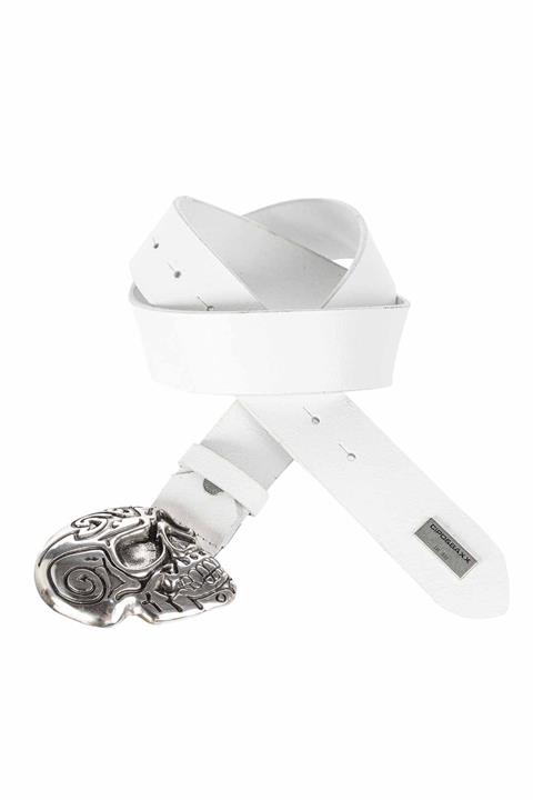 Cipo&Baxx Cg165 Metal Kurukafa Tokalı Deri Beyaz Kemer