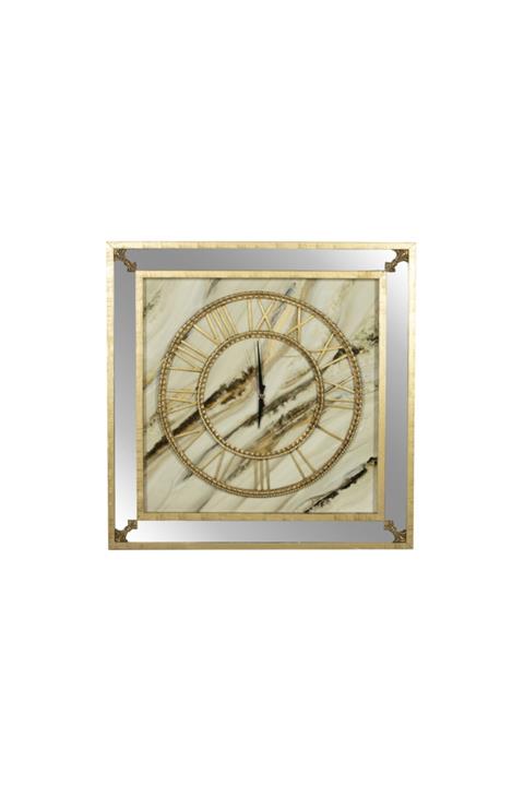 SO LUXURY Ayna Detaylı Mermer Desenli Krem Renk 100x100 Ahşap Duvar Saati