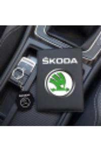 MaveraShop Özel Tasarım Skoda Logolu Siyah Ruhsat Kılıfı Ve Anahtarlık