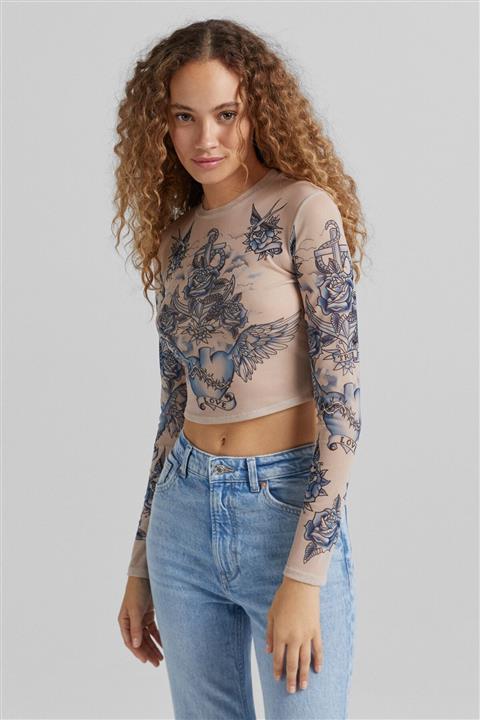 Bershka Uzun Kollu, Tül, Desenli T-shirt