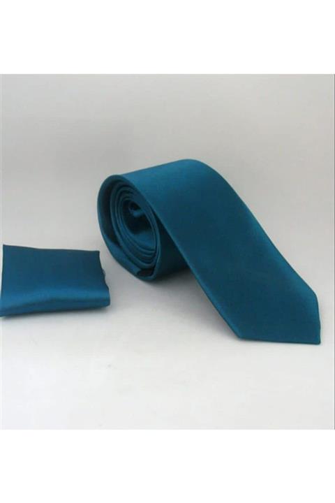 MaviMoure Erkek Petrol Mavisi Slim Fit Mendilli Kravat