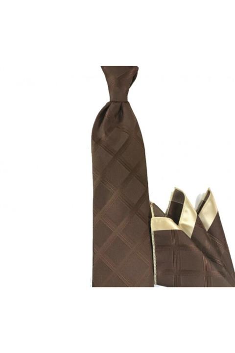 Sade Kravat Kahverengi Ekose Kareli Mendilli Kravat 21259