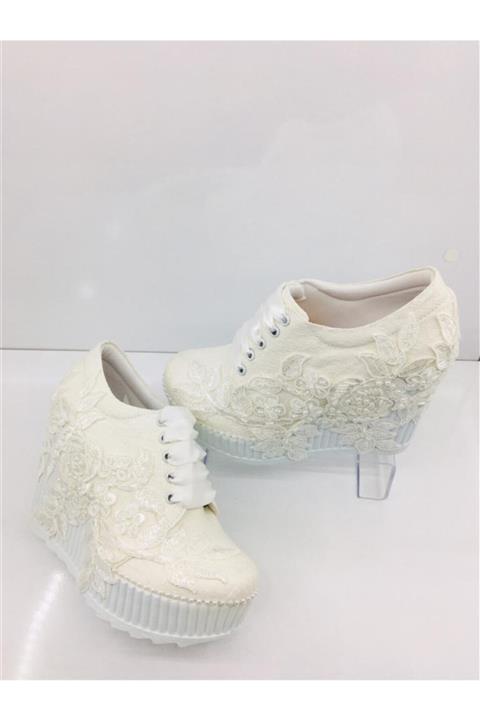 SHOELAYN Kadın Sedef Tül Işlemeli Bağcıklı Dolgu Topuk Ayakkabı