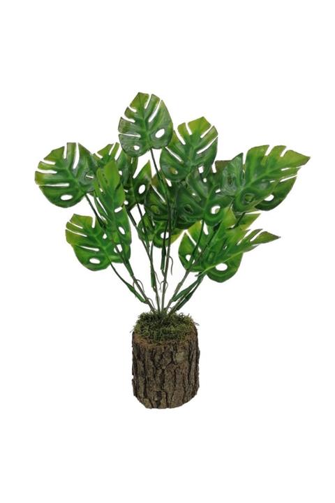 Nettenevime Ahşap Kütük Saksılı Mini Yeşil Uçlu Monstera Yaprak Salon Bitkisi Yapay Çiçek 37 cm 15