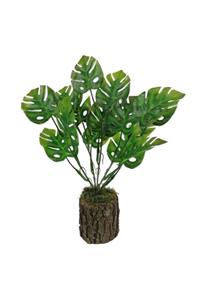 Nettenevime Ahşap Kütük Saksılı Mini Yeşil Uçlu Monstera Yaprak Salon Bitkisi Yapay Çiçek 37 cm 15