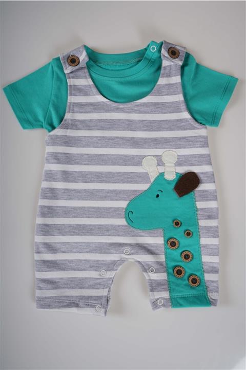 MİNİKO KİDS Unisex Bebek Yeşil Zürafa Modelli Tişörtlü Çıtçıtlı Tulum Salopet