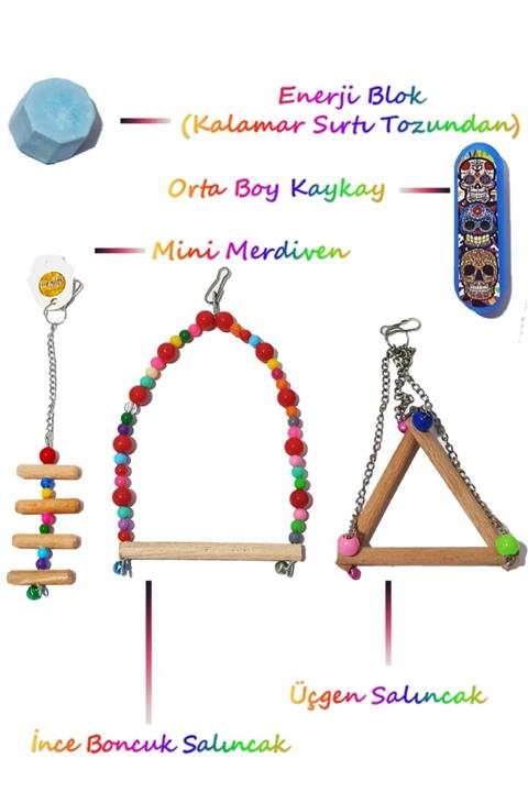 HEKİM PET 5li Kaykaylı Set Kuş Oyuncağı Paketi Kaykay+üçgen+salıncak+enerji Blok+mini Merdiven