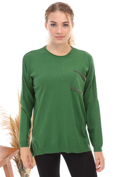 FTZ Kadın Yeşil Taş Detaylı Triko
