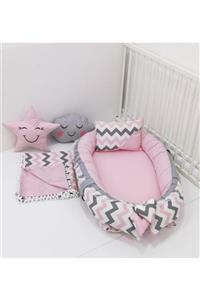 mordesign Babynest Zigzag Desen Anne Yanı Bebek Yatak, Pike, Yastık 5' Li Takım, Pembe