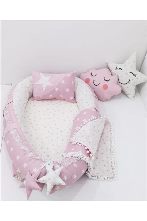 mordesign Bebek Anne Yanı Babynest Yatak, Pike Ve Yastık 5' Li Set, Yıldız Desen Pembe Renk