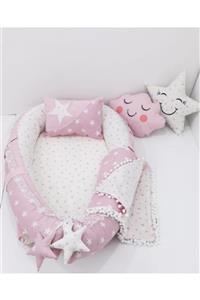 mordesign Bebek Anne Yanı Babynest Yatak, Pike Ve Yastık 5' Li Set, Yıldız Desen Pembe Renk